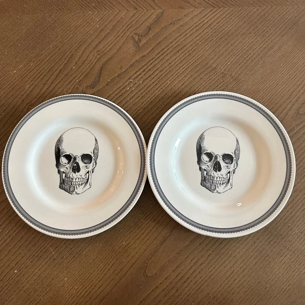 Edward Challinor English Pottery Skull Plates Set of 2 White Black Gothic 8.5in